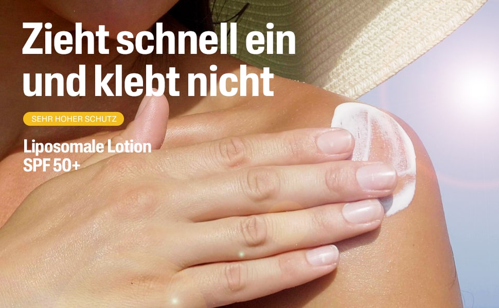 Person trägt Sonnencreme auf die Schulter auf. Text: Zieht schnell ein und klebt nicht.