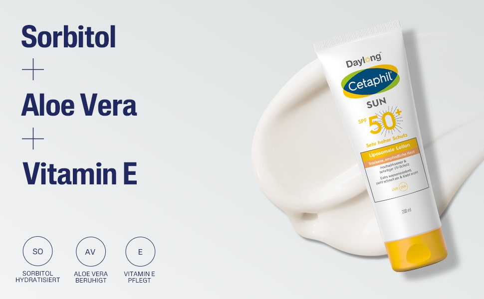 Nahaufnahme von Creme. Text: Sorbitol, Aloe Vera, Vitamin E. Pflegt empfindliche Haut.