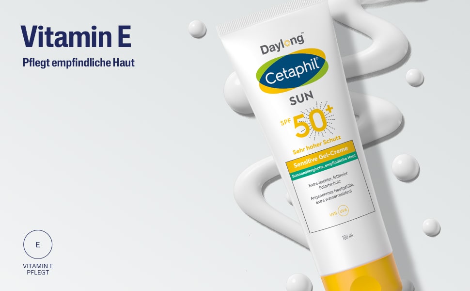 Tube und Creme. Text: Vitamin E pflegt empfindliche Haut. Cetaphil SUN SPF 50+.