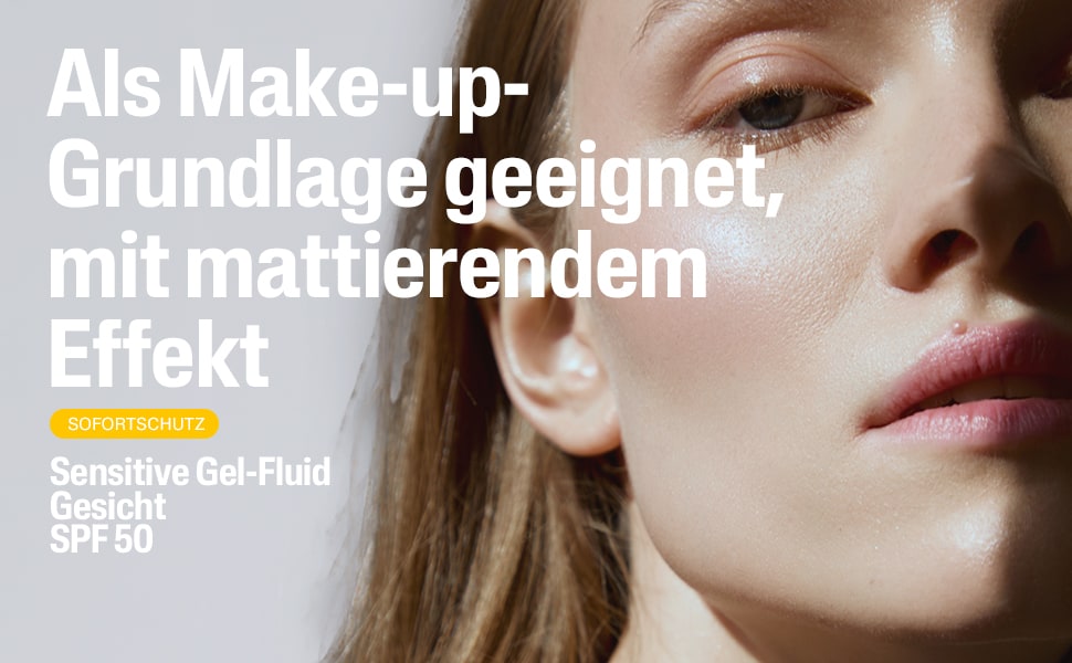 Cetaphil SUN Sensitive Gel-Fluid SPF 50+ Tube und weiße Tropfen. Text: Vitamin E. Pflegt empfindliche Haut.