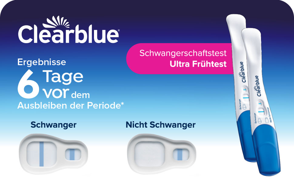 Babyfüße in Händen. Text: Doppelte Chancen, schwanger zu werden. Digitaler Ovulationstest.