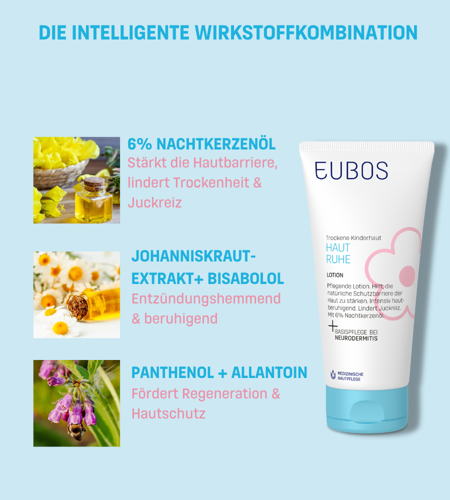 EUBOS Haut Ruhe Lotion beruhigt gereizte Haut, schützt vor Austrocknung, auch bei Neurodermitis.