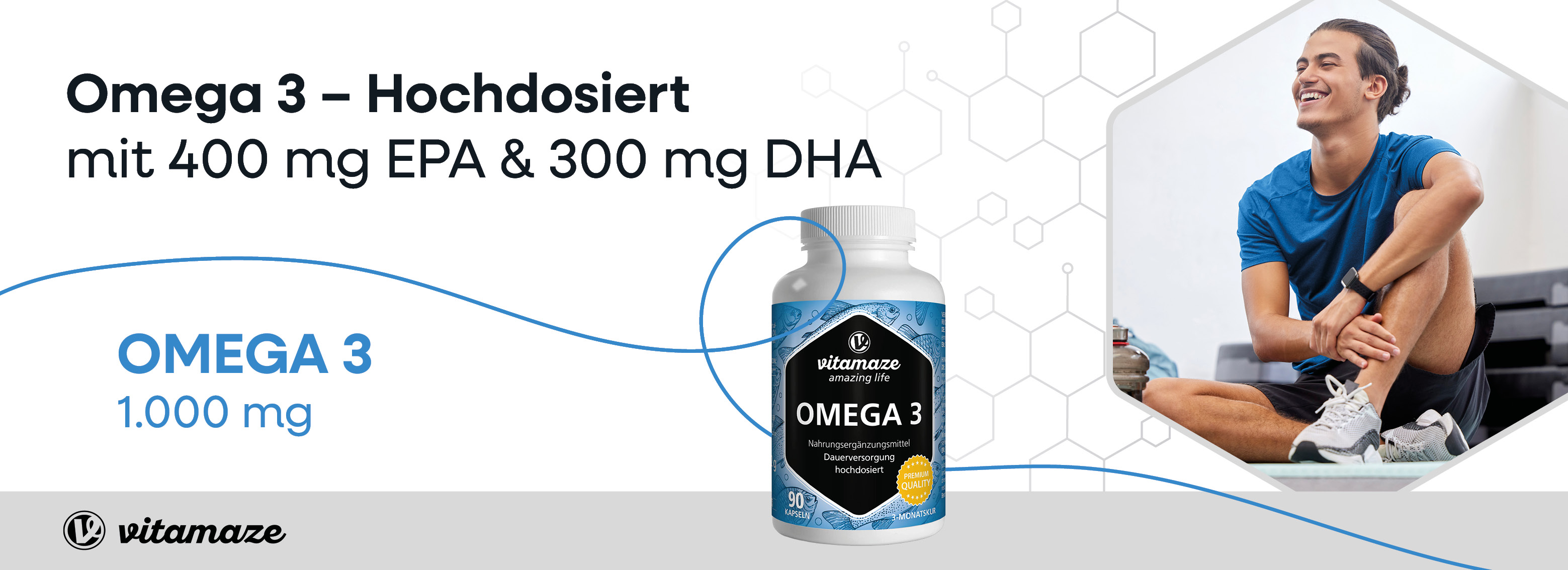 Rückseite der Omega 3 Flasche. Text: Verzehrempfehlung, Zutaten, Nährwertangaben. Internationale Flaggen.
