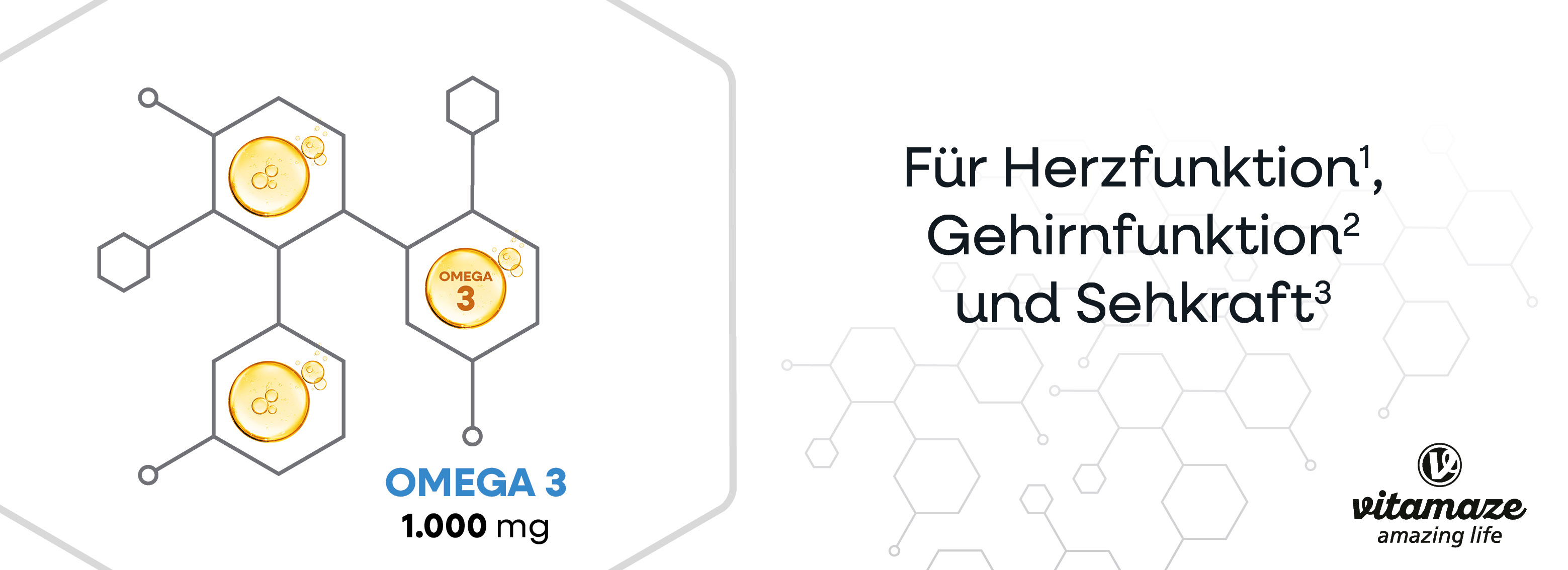 Vitamaze Omega 3 Flasche. Aufschrift: Omega 3, 90 Kapseln. Premium Quality Siegel. Fisch-Illustrationen.