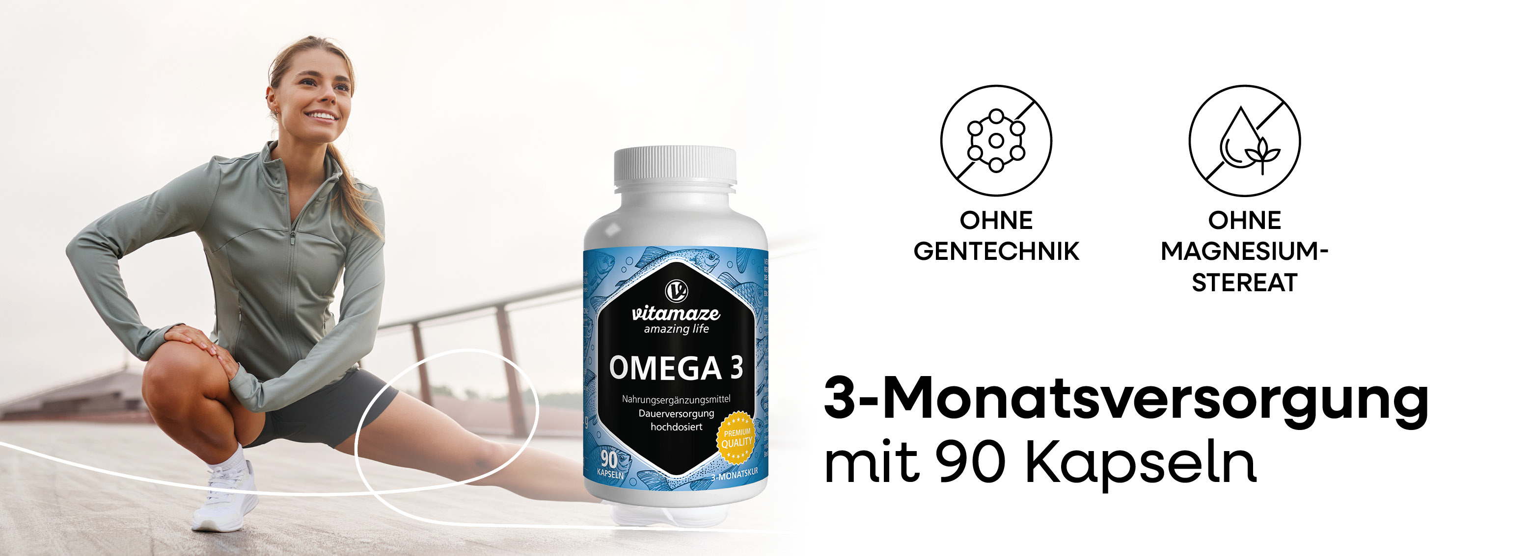Vitamaze Omega 3 Flasche. Aufschrift: Omega 3, 90 Kapseln. Premium Quality Siegel. Fisch-Illustrationen.