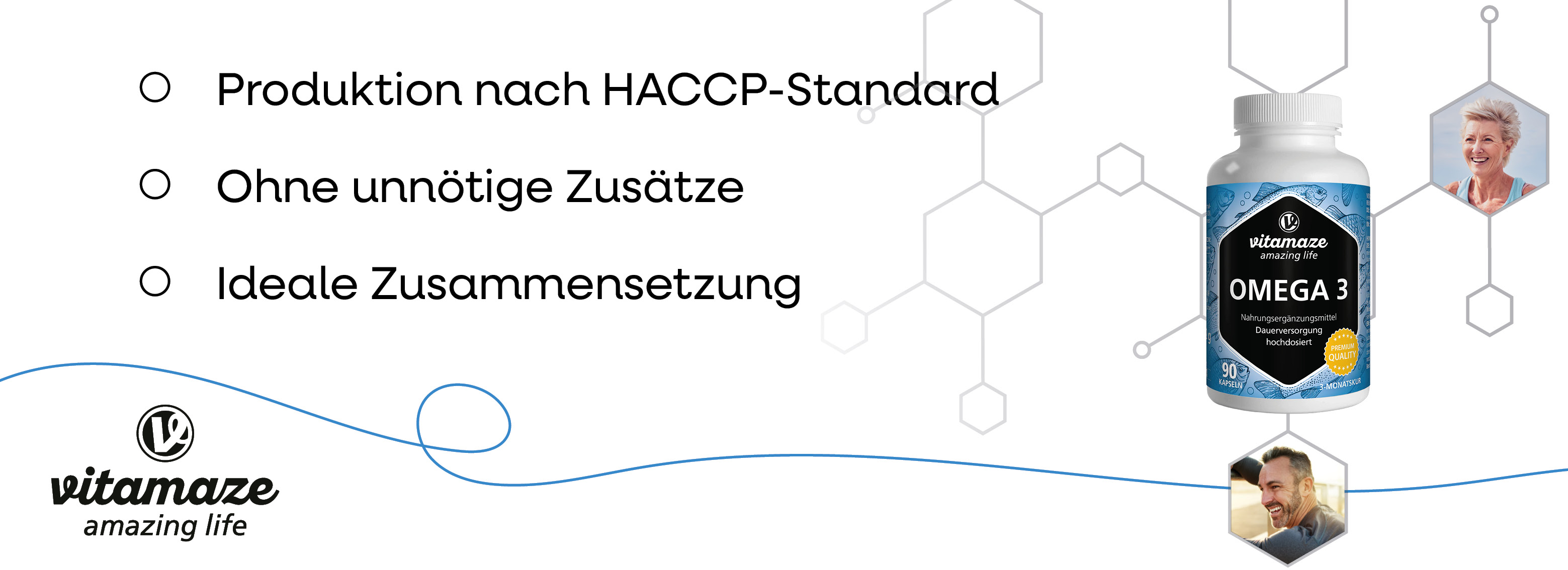 Rückseite der Omega 3 Flasche. Text: Verzehrempfehlung, Zutaten, Nährwertangaben. Internationale Flaggen.