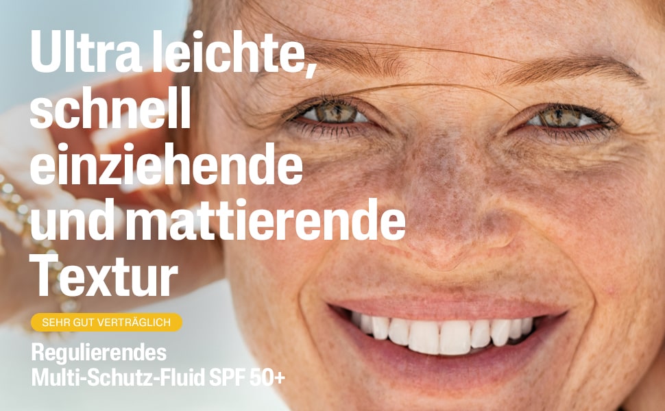 Frau lächelt. Text: Ultra leichte, schnell einziehende und mattierende Textur.