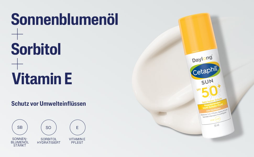 Nahaufnahme von Creme. Text: Sonnenblumenöl, Sorbitol, Vitamin E. Inhaltsstoffe.