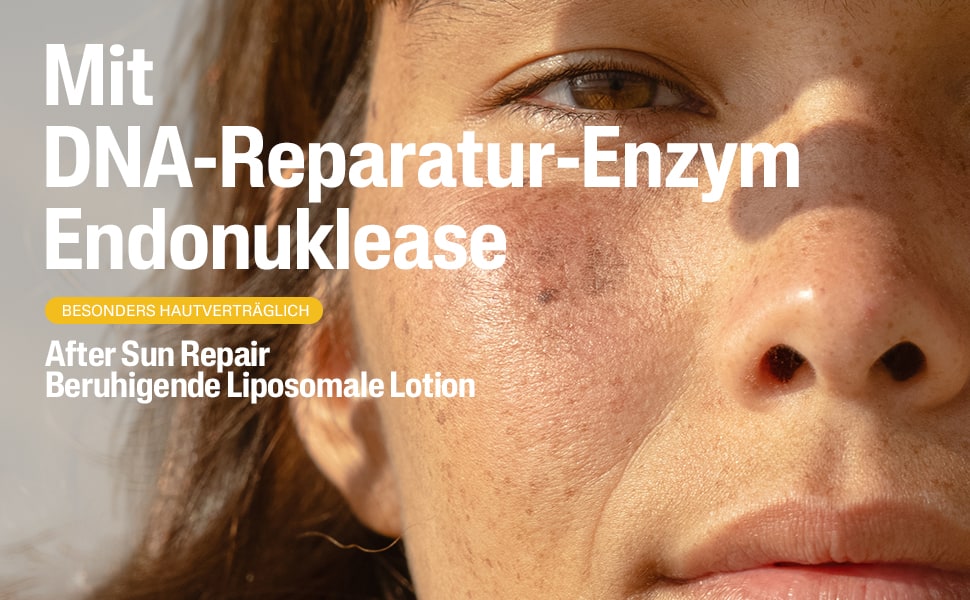 Nahaufnahme eines Gesichts. Text: Mit DNA-Reparatur-Enzym Endonuklease.