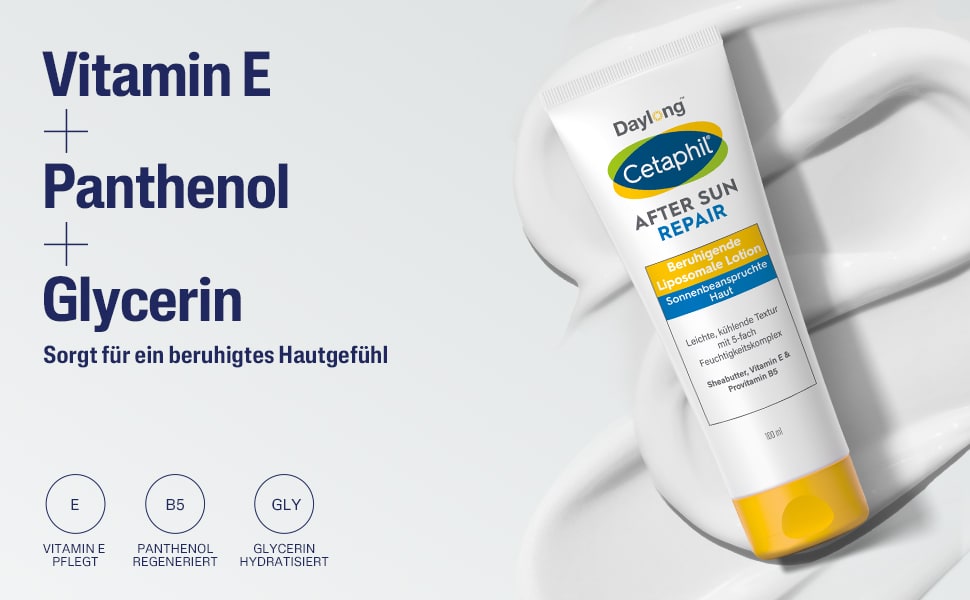 Tube und Lotion. Text: Vitamin E, Panthenol, Glycerin. Sorgt für beruhigtes Hautgefühl.