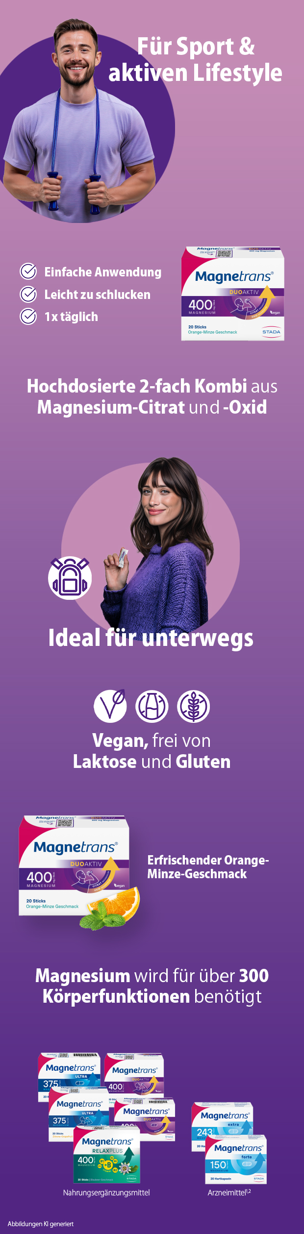 Werbung für Magnetrans DUOAKTIV. Produktabbildungen, Text und Icons. Für Sport, unterwegs, vegan, etc.