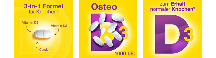 Drei Bilder nebeneinander: Tablette mit Inhaltsstoffen, Tabletten auf gelbem Hintergrund, D3-Symbol mit Text.