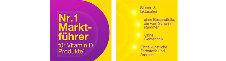 Zwei Bilder nebeneinander: Text: Nr. 1 Marktführer, Text: Gluten- & laktosefrei, ohne Gentechnik.