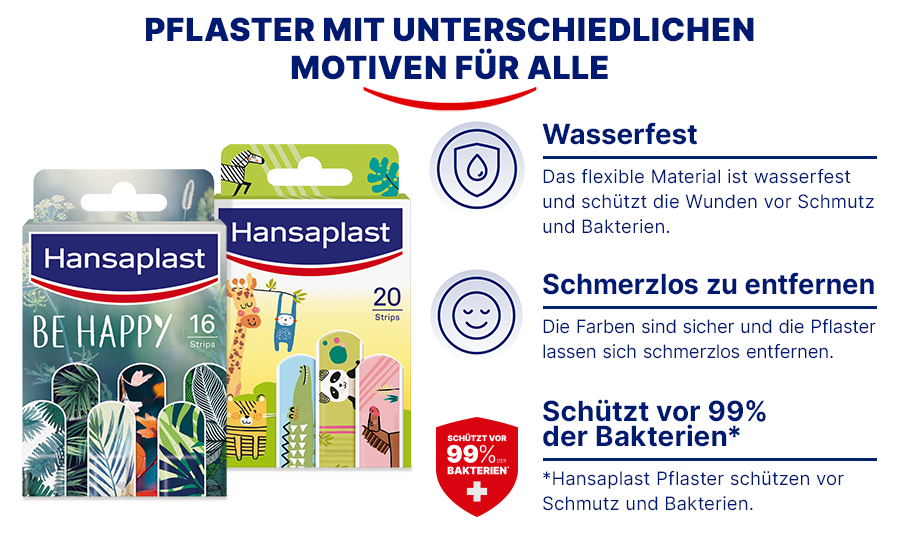 Pflaster mit verschiedenen Motiven. Text: Pflaster mit unterschiedlichen Motiven für alle. Schützt vor 99% der Bakterien.