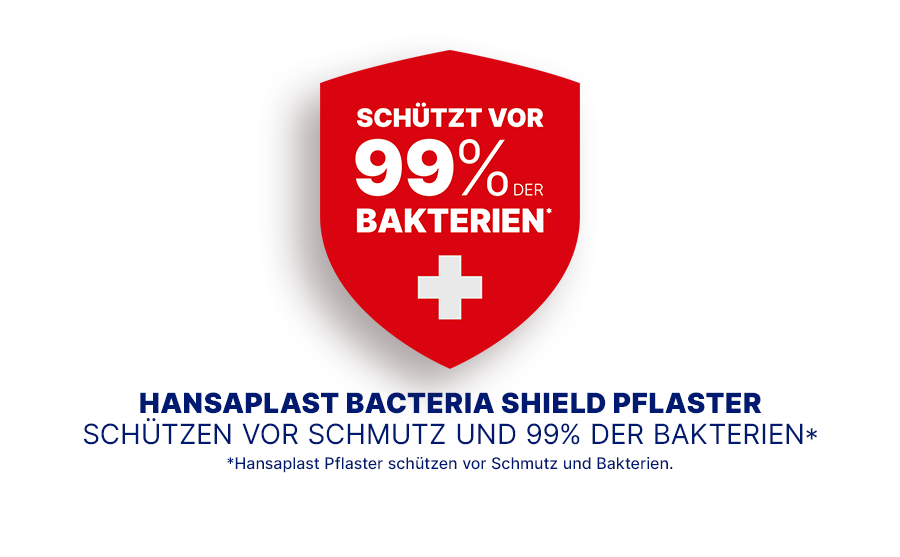 Rotes Schild mit weißem Kreuz. Text: Schützt vor 99% der Bakterien. Hansaplast Bacteria Shield Pflaster.