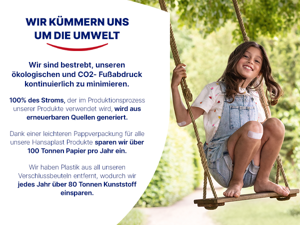 Ein Mädchen auf einer Schaukel. Text: Wir kümmern uns um die Umwelt. 100% Strom aus erneuerbaren Quellen.