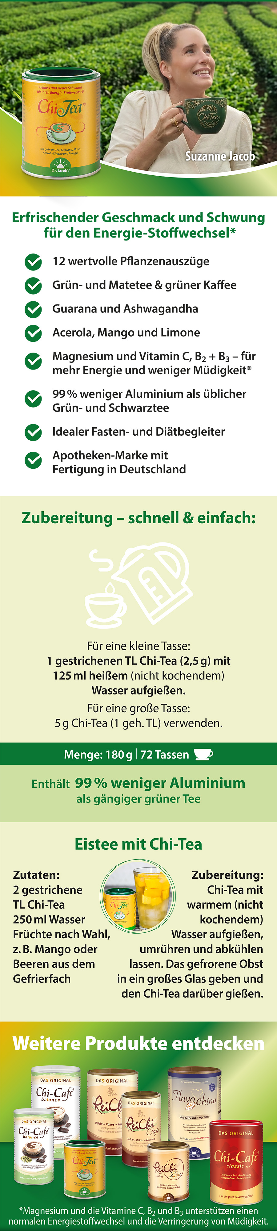 Produktinformationen und Zubereitung. Dose Chi-Tea. Text: 12 Pflanzenextrakte, 72 Tassen, etc. Eistee-Rezept.