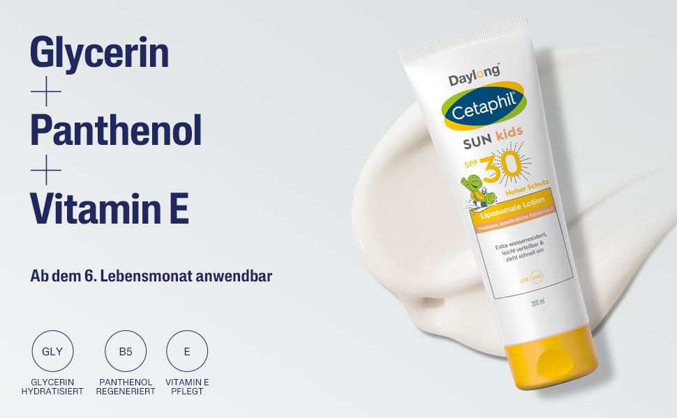 Text: Glycerin, Panthenol, Vitamin E. Text: Ab dem 6. Lebensmonat anwendbar.
