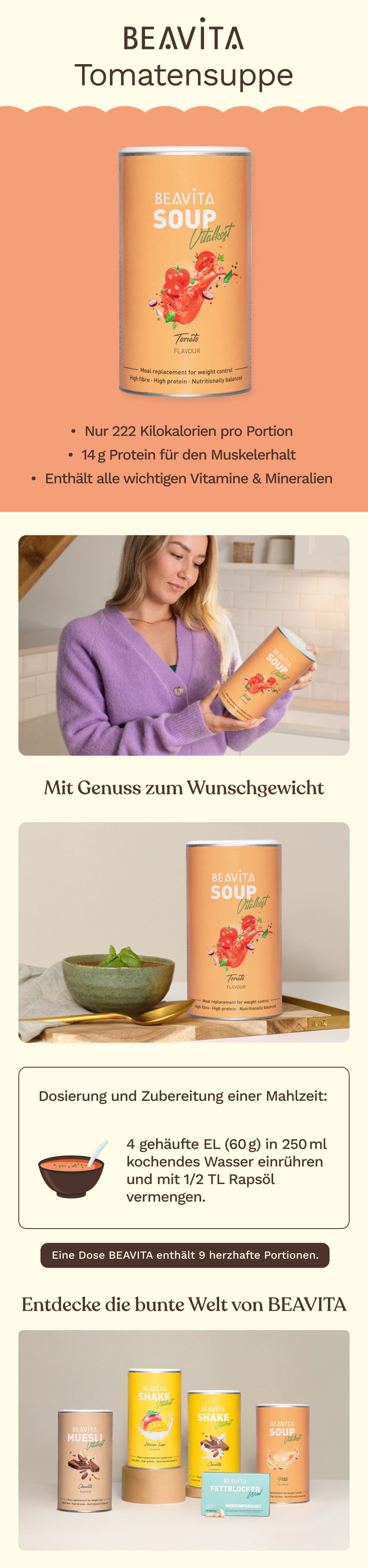 BEAVITA Tomatensuppe: Dose, Frau mit Dose, Zubereitung und Produktvorteile.