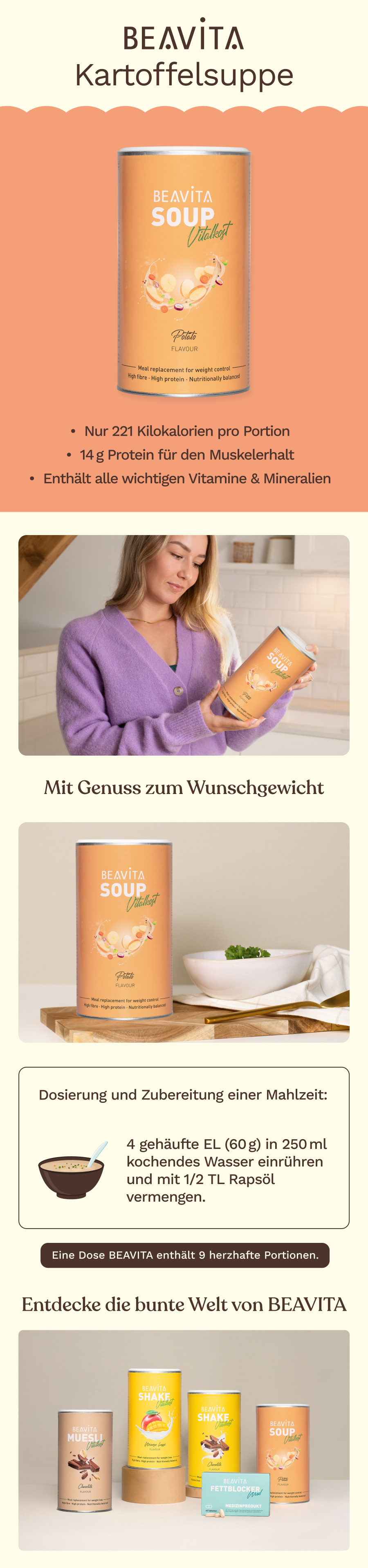 BEAVITA Vitalkost Diät-Suppe, Kartoffelgeschmack. Informationen zu Kalorien, Protein und Vitaminen.