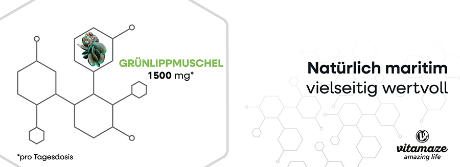 Grafik mit einer grünen Muschel in einem sechseckigen Feld. Text: GRÜNLIPPMUSCHEL 1500 mg*. Rechts: Natürlich maritim, vielseitig wertvoll. Marke: vitamaze amazing life.