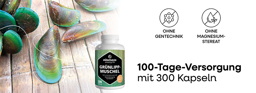 Muscheln auf Holz. Flasche mit Etikett: GRÜNLIPPMUSCHEL, 300 Kapseln. Text: 100-Tage-Versorgung mit 300 Kapseln. Ohne Gentechnik, ohne Magnesiumstearat.