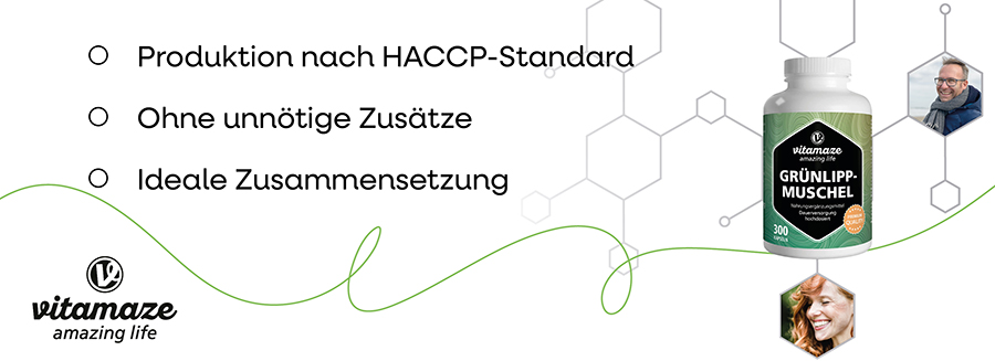 Flasche mit Etikett: GRÜNLIPPMUSCHEL, 300 Kapseln. Text: Produktion nach HACCP-Standard, ohne unnötige Zusätze, ideale Zusammensetzung. Marke: vitamaze amazing life.