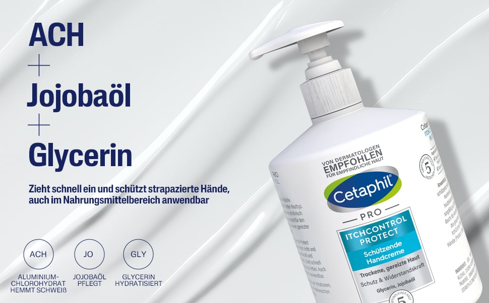 Creme-Tropfen. Text: ACH + Jojobaöl + Glycerin. Zieht schnell ein und schützt strapazierte Hände, auch im Nahrungsbereich anwendbar.