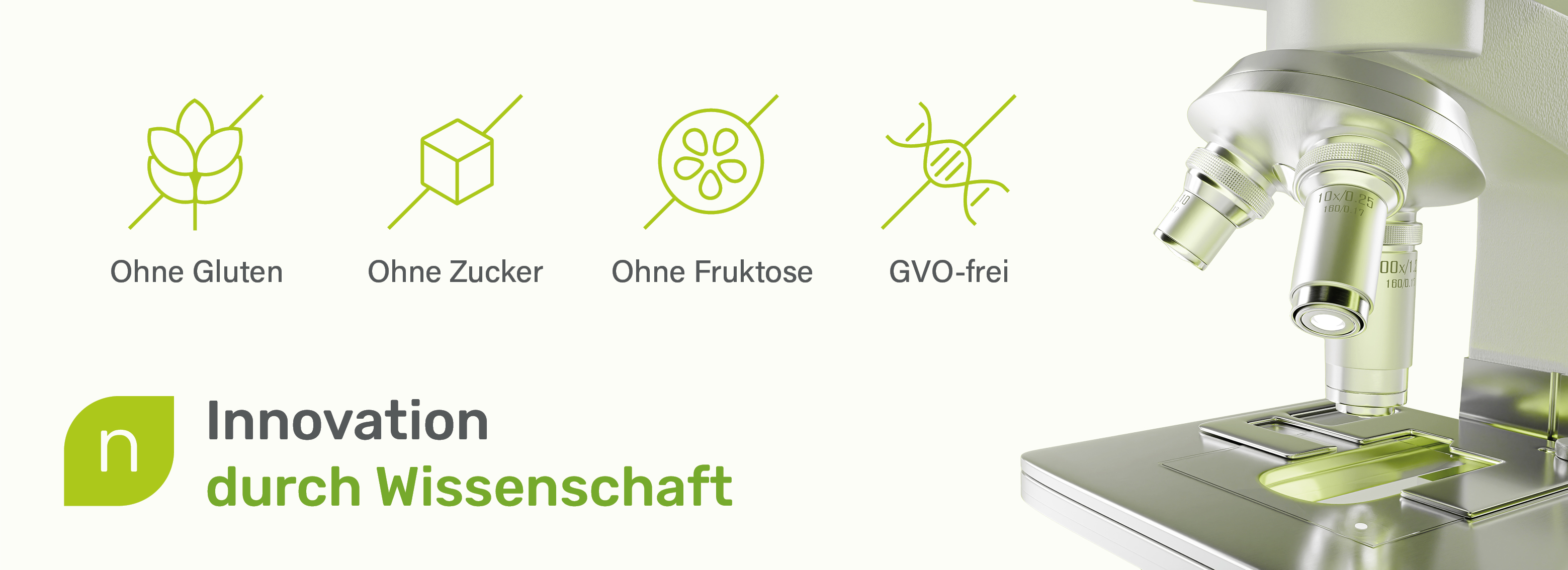 Mikroskop und Symbole für glutenfrei, zuckerfrei, fruktosefrei, GVO-frei. Text: Innovation durch Wissenschaft.