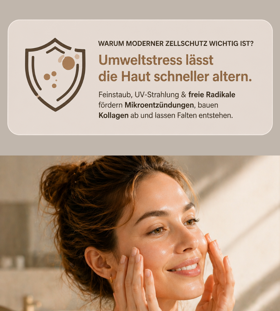 Frau berührt Gesicht. Text: Umweltstress lässt die Haut schneller altern. Marke EUBOs.