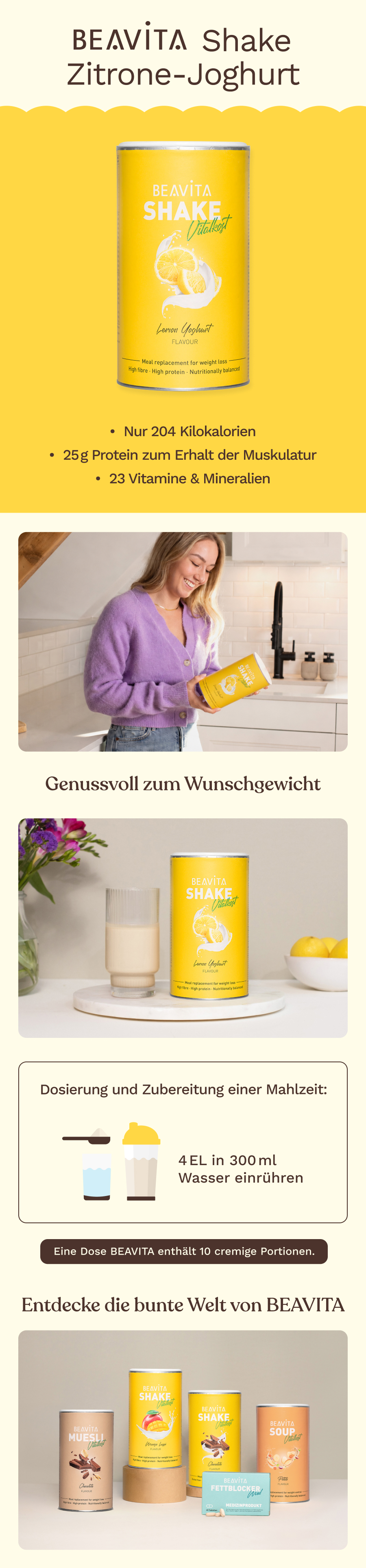BEAVITA Shake Zitrone-Joghurt: Dose mit Zitronenscheiben und Joghurt-Splash. Enthält 25g Protein, 23 Vitamine & Mineralien.