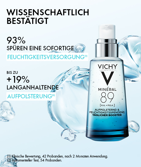 Vichy Mineral 89 Booster: +71% gestärkte Hautbarriere, +41% sofortige Feuchtigkeit. Mit Hyaluronsäure und Polyglutaminsäure.