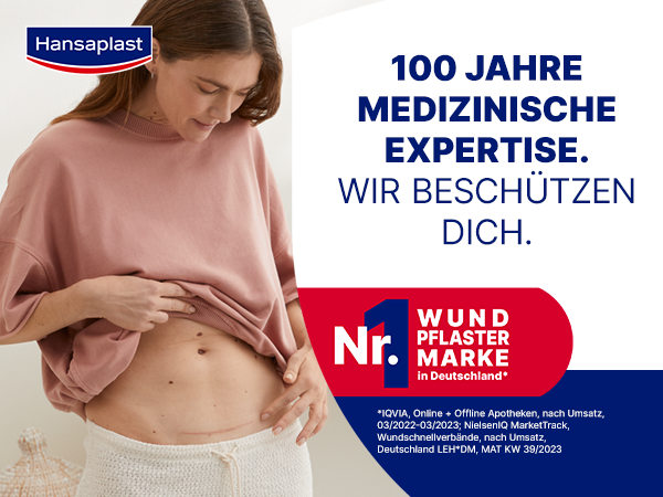 Frau mit Narben am Bauch. 100 Jahre medizinische Expertise. Nr. 1 Wundpflastermarke in Deutschland.