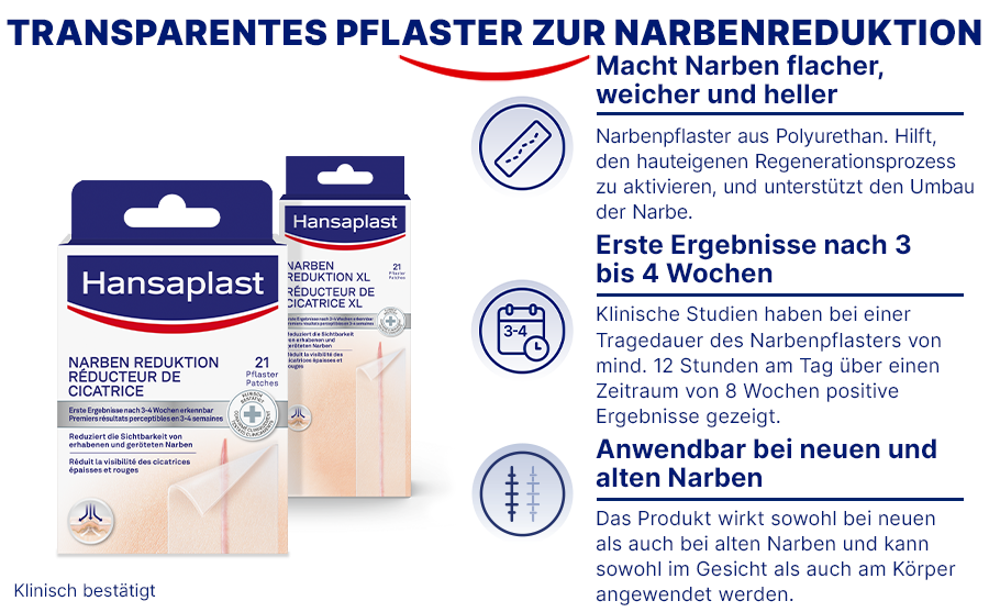 Produktverpackung und Illustrationen. Transparentes Pflaster zur Narbenreduktion. Klinisch bestätigt.