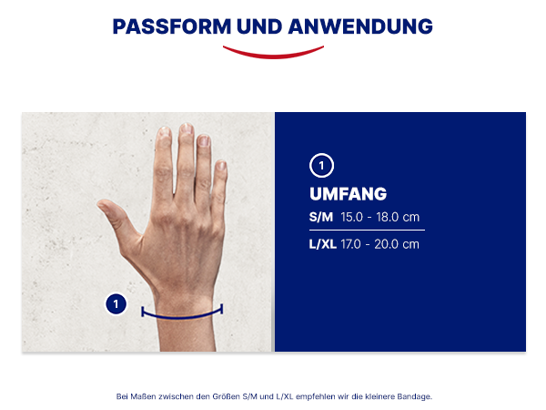 Handgelenksumfang Messung. S/M: 15.0-18.0 cm, L/XL: 17.0-20.0 cm. Anwendung.