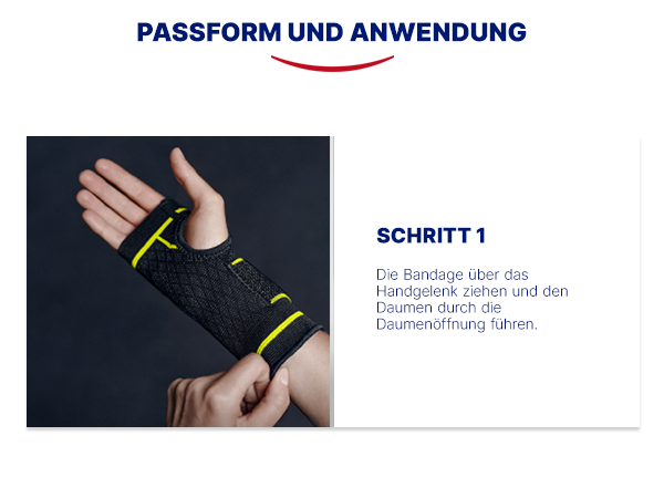 Anwendung der Handgelenkbandage. Schritt 1: Anlegen.