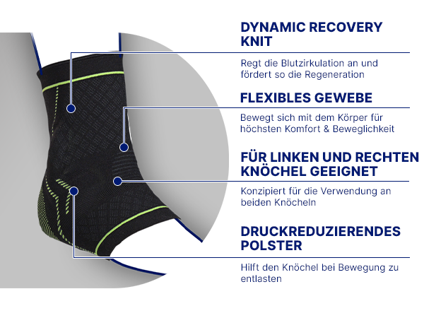 Schwarze Fußgelenkbandage. Dynamic Recovery Knit, flexibles Gewebe, druckreduzierendes Polster. Für Knöchel.