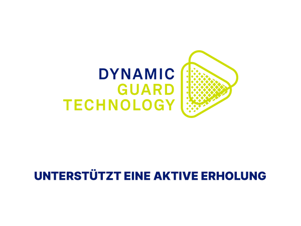 Gelbes Logo: Dynamic Guard Technology. Text: Unterstützt eine aktive Erholung. Weißer Hintergrund.