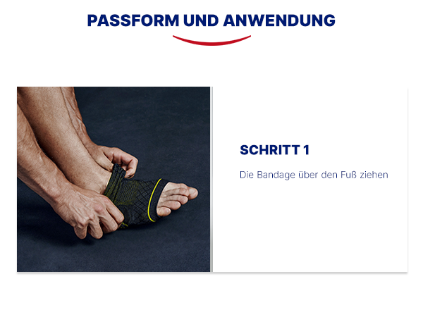 Anwendung der Fußgelenkbandage. Schritt 1: Bandage über den Fuß ziehen. Schwarzer Hintergrund.