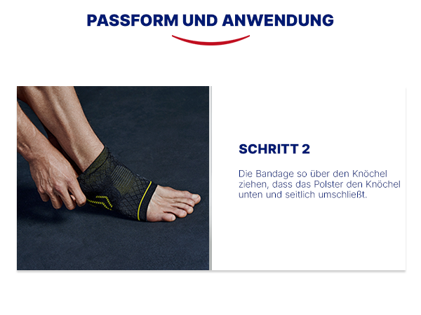 Anwendung der Fußgelenkbandage. Schritt 2: Bandage um den Knöchel legen. Schwarzer Hintergrund.