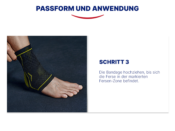 Anwendung der Fußgelenkbandage. Schritt 3: Ferse in markierte Zone. Schwarzer Hintergrund.
