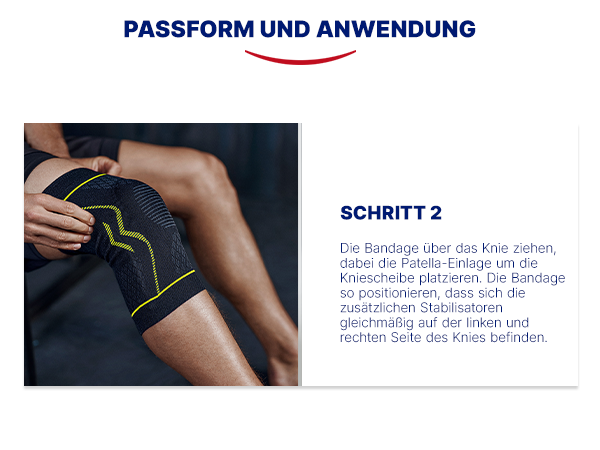 Anwendung der Kniebandage. Schritt 2. Text: Die Bandage über das Knie ziehen.