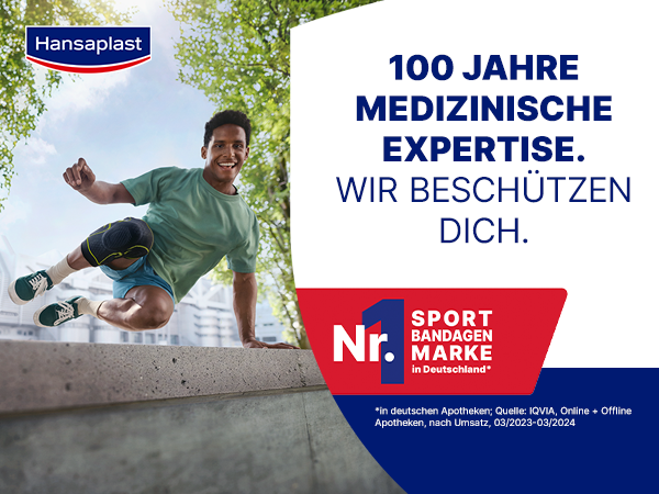 Mann springt mit Kniebandage. Text: 100 Jahre medizinische Expertise. Nr. 1 Sport Bandagen Marke in Deutschland.