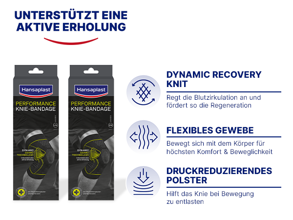 Zwei Hansaplast Performance Kniebandagen. Text: Dynamic Recovery Knit, flexibles Gewebe, druckreduzierendes Polster.
