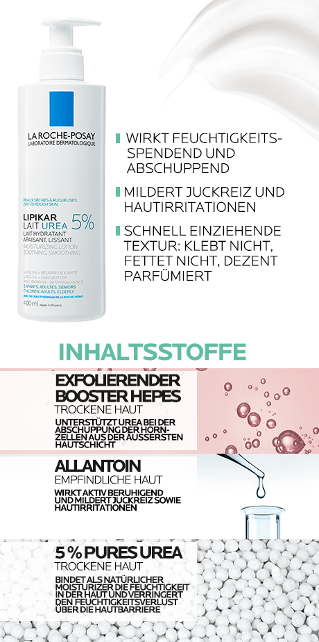 Weiße Flasche mit Pumpe. Produktname und Eigenschaften. Text über die Wirkung.