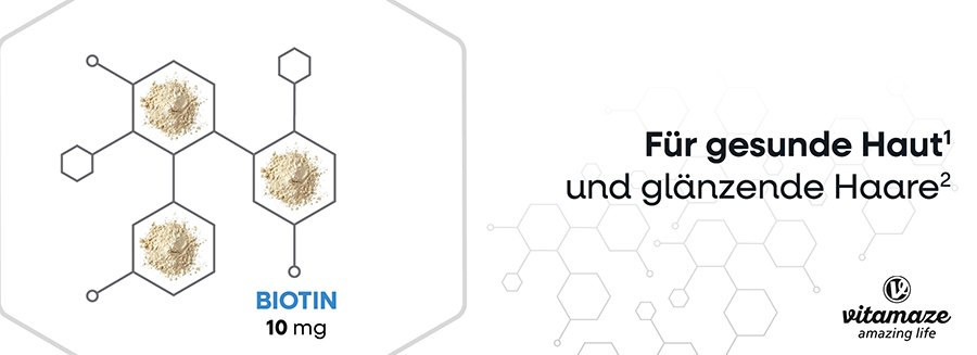 Grafik mit Biotin-Molekül und Text: Für gesunde Haut und glänzende Haare.