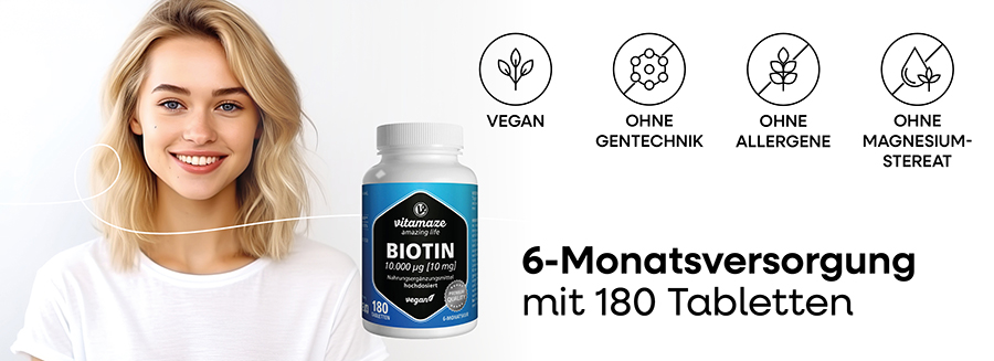 Frau mit Flasche Biotin. Text: 6-Monatsversorgung mit 180 Tabletten. Vegan, ohne Gentechnik, Allergene, Magnesiumstearat.
