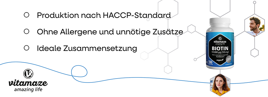 Grafik mit Flasche Biotin. Text: Produktion nach HACCP-Standard, ohne Allergene, ideale Zusammensetzung.