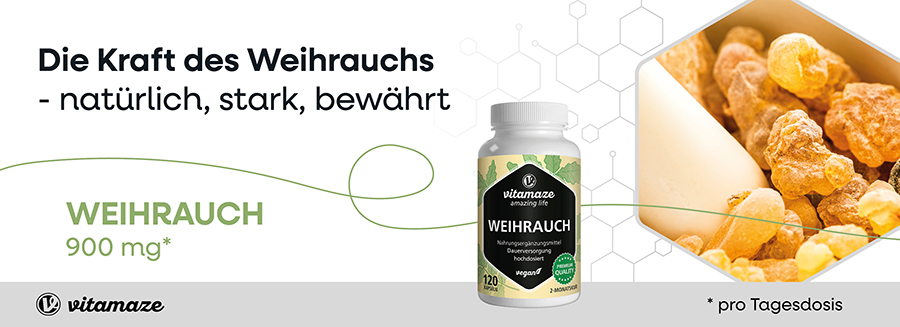 Weiße Flasche mit Kapseln, getrocknetes Harz. Text: Die Kraft des Weihrauchs. Logo Vitamaze.