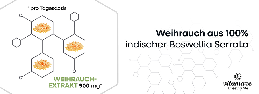 Grafik: Weiße hexagonale Formen, gelbe Kapseln. Text: Weihrauch-Extrakt 900 mg. Logo Vitamaze.